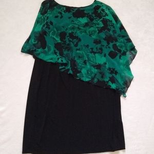 Plus size Emerald Floral asymmetric cape black dress Cocktail